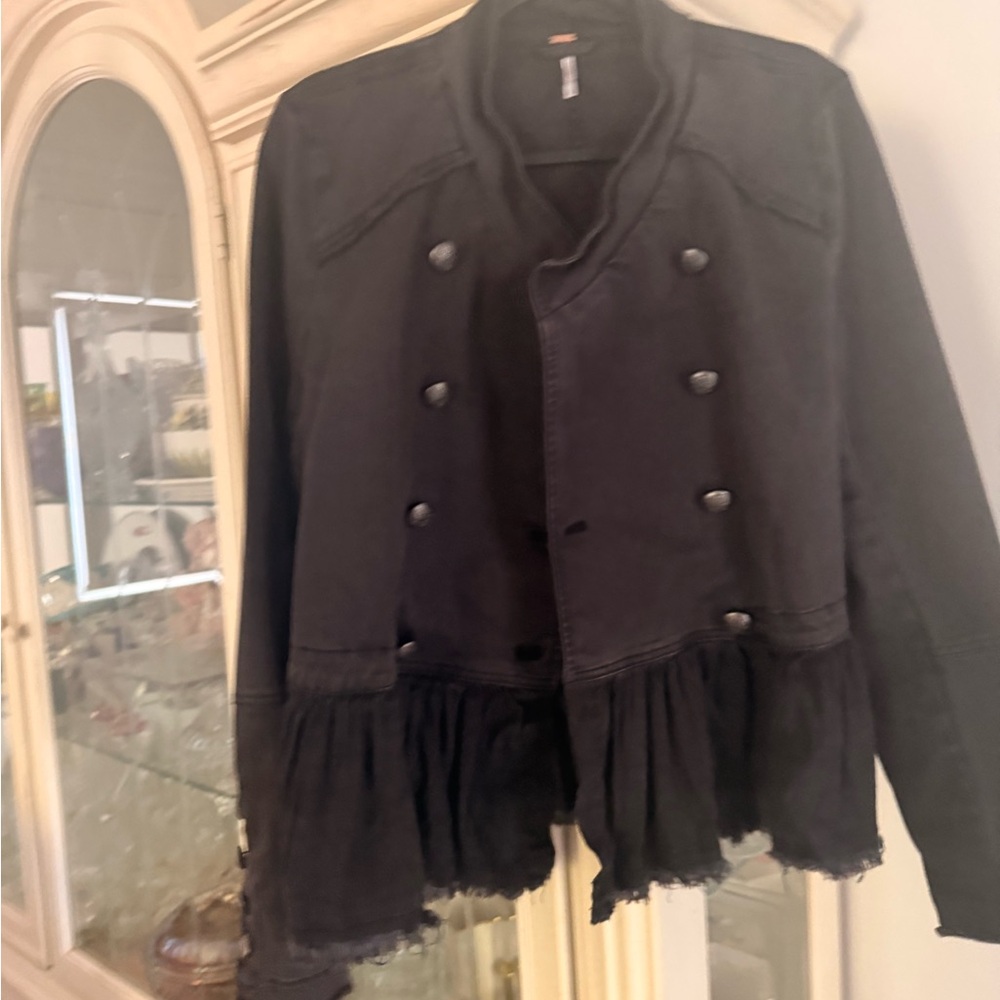 Free People ruffled peplum denim jacket size Large medium black - Picture 4 of 12